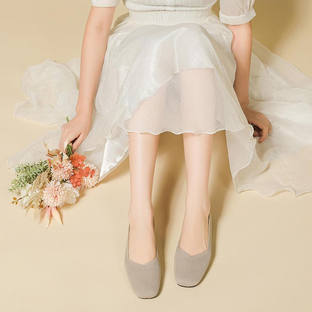 Квадратный носок, неглубокий вырез, ткань, плоская подошва, однотонный трикотаж, мягкая подошва, большой размер 34-43