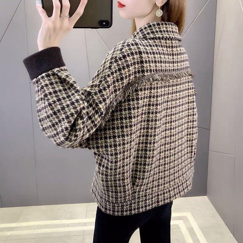 Autumn and Winter Thickened Plaid Tweed Coat Women's Fall and Winter Short Section Fashion Fringe Jacket