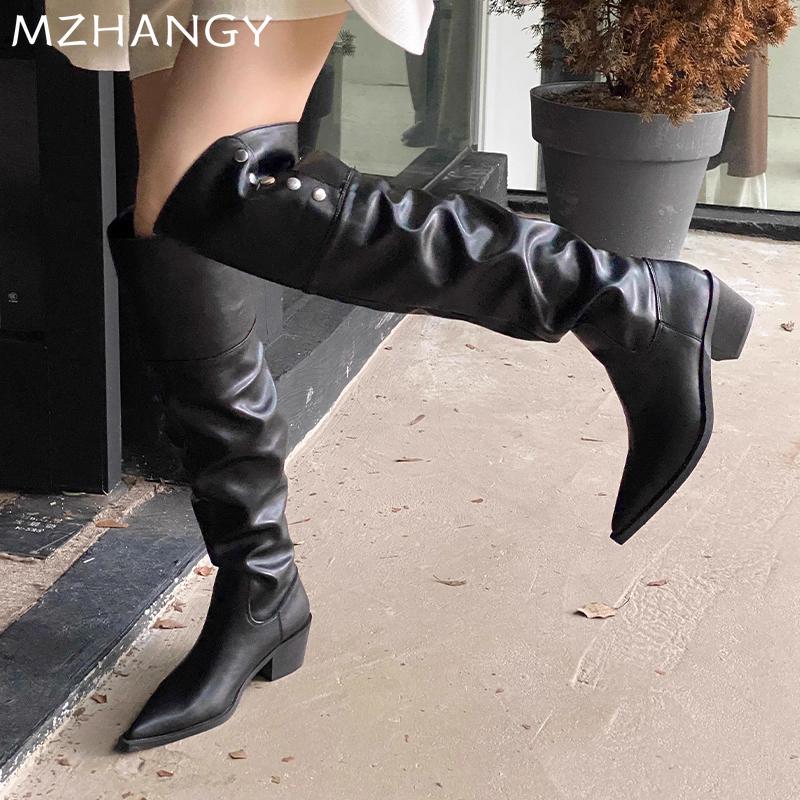 Модные женские сапоги с острым носком, кожаные сексуальные туфли на среднем каблуке, дизайнерская обувь для женщин, тренд 2025 года, элегантные зимние новые туфли-лодочки Mujer Chelsea Botas