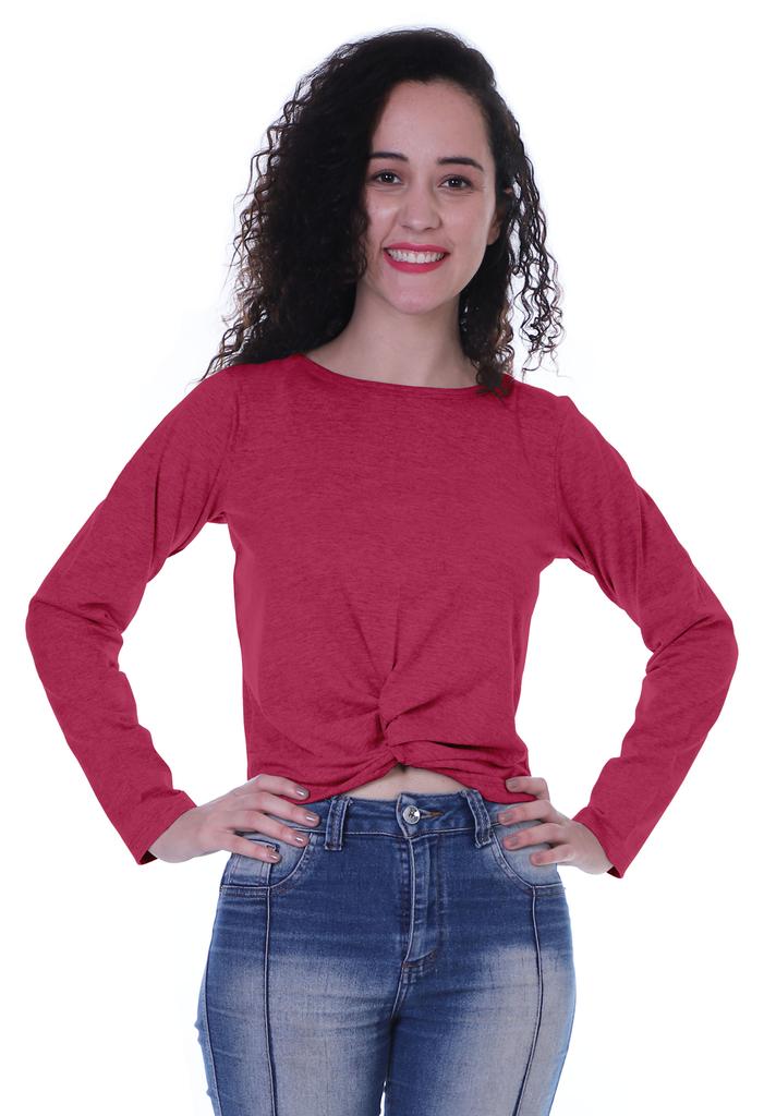 Moomaya Womens Full Sleeves Front Knot Crop Top Summer Tshirt Plain Tee Tops