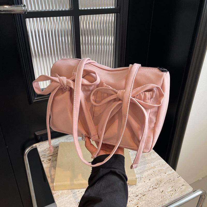 Lightweight Casual Cotton Shoulder Bag Unique Fresh Bow Design Travel Underarm Bag Solid Color Large Capacity Women's Tote Bag