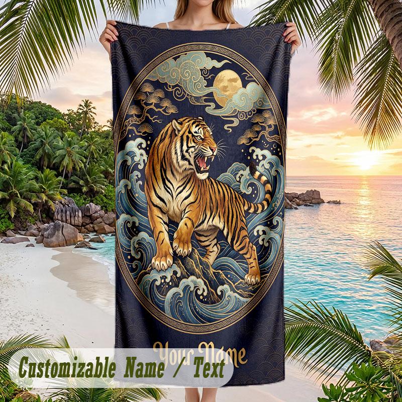 Tiger Forest Majesty Theme Quick Dry Beach Towel Custom Name Text Print Large Sand Resistant Towel Beach Vacation