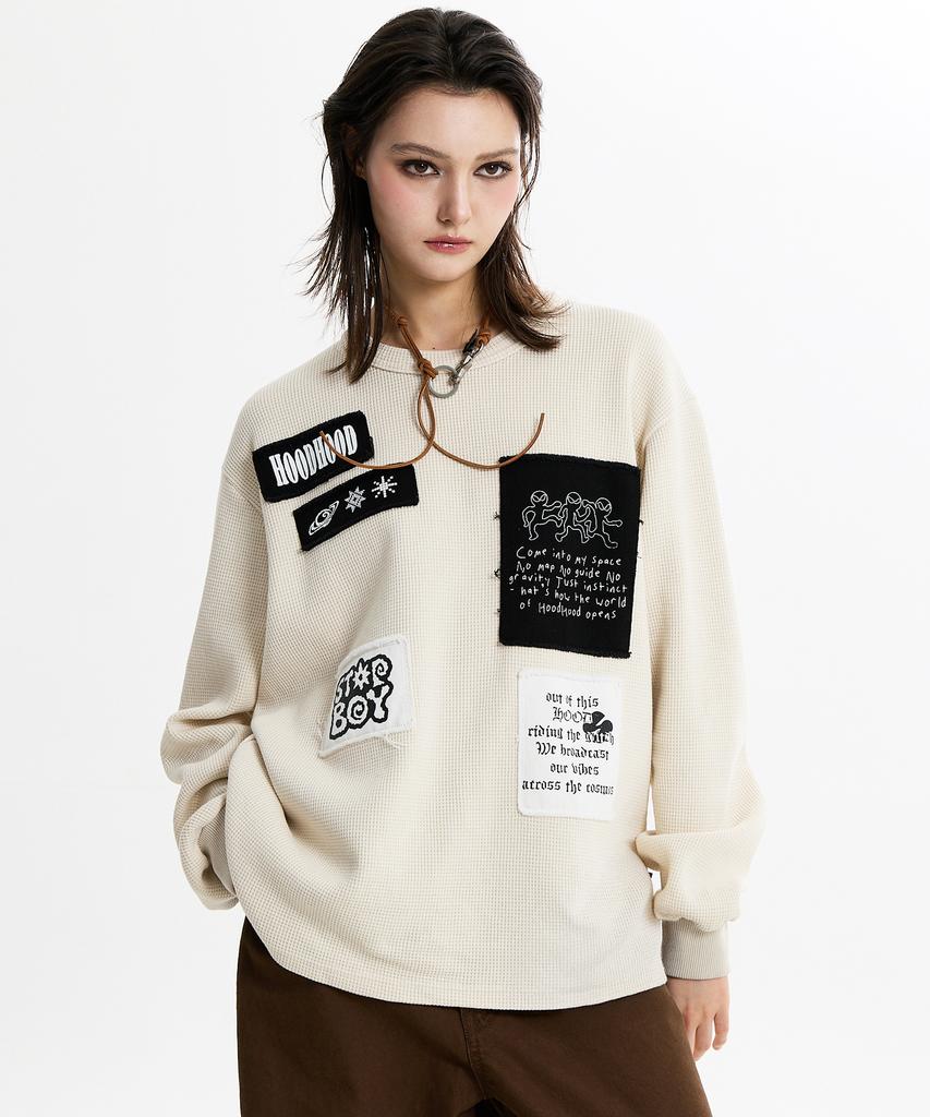 HOODHOOD Patchwork Waffle Long Sleeve T-Shirt Ivory
