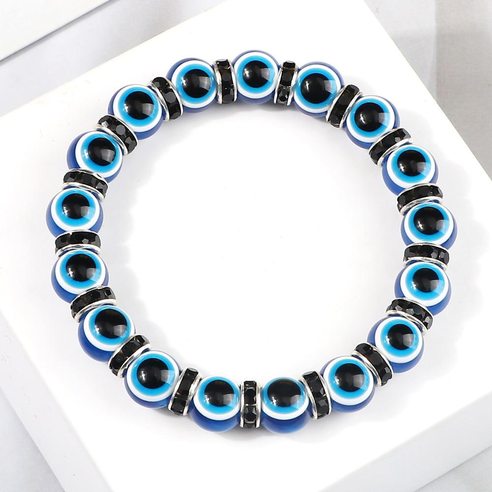 10mm Lucky Blue Evil Eye Bracelet Palm Butterfly Owl Elephant Pendant Charm Crystal Resin Beaded Bracelets for Women Men Jewelry