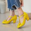 FOREADA High Heels Women Pumps Patent Leather Bow Block High Heel T-Strap Shoes Buckle Round Toe Party Shoes Lady Red Size 33-46