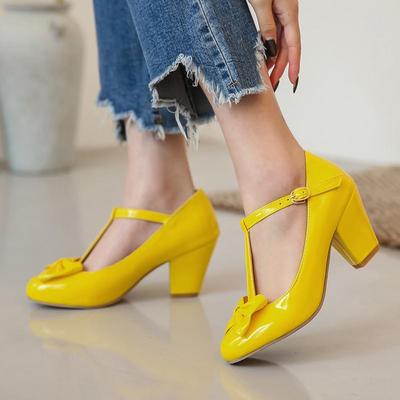 FOREADA Туфли-лодочки женские на высоком каблуке из лакированной кожи с бантом, туфли на блочном каблуке с Т-образным ремешком и пряжкой, с круглым носком, вечерние туфли, женские, красные, размеры 33-46