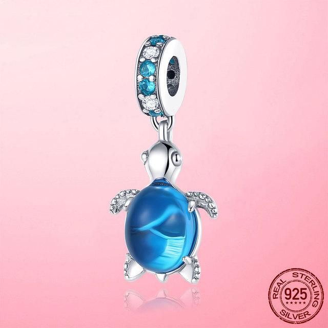 Summer New 925 Sterling Silver Blue CZ Sea Turtle Tortoise Charm Pendant Fit Fashion Bracelet Original DIY Charms Beads Jewelry
