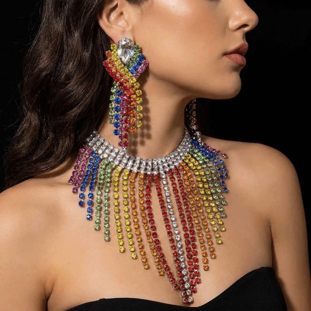 Vintage Rhinestone Crystal Necklace Shiny Ear Studs Luxury Rainbow Tassel Jewelry Set Evening