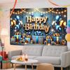 Nuxovilar Happy Birthday Banner Blue Gold Balloons String Lights Polyester Backdrop 43x70.86 Inches - Large Party Birthday Decorations for Photo