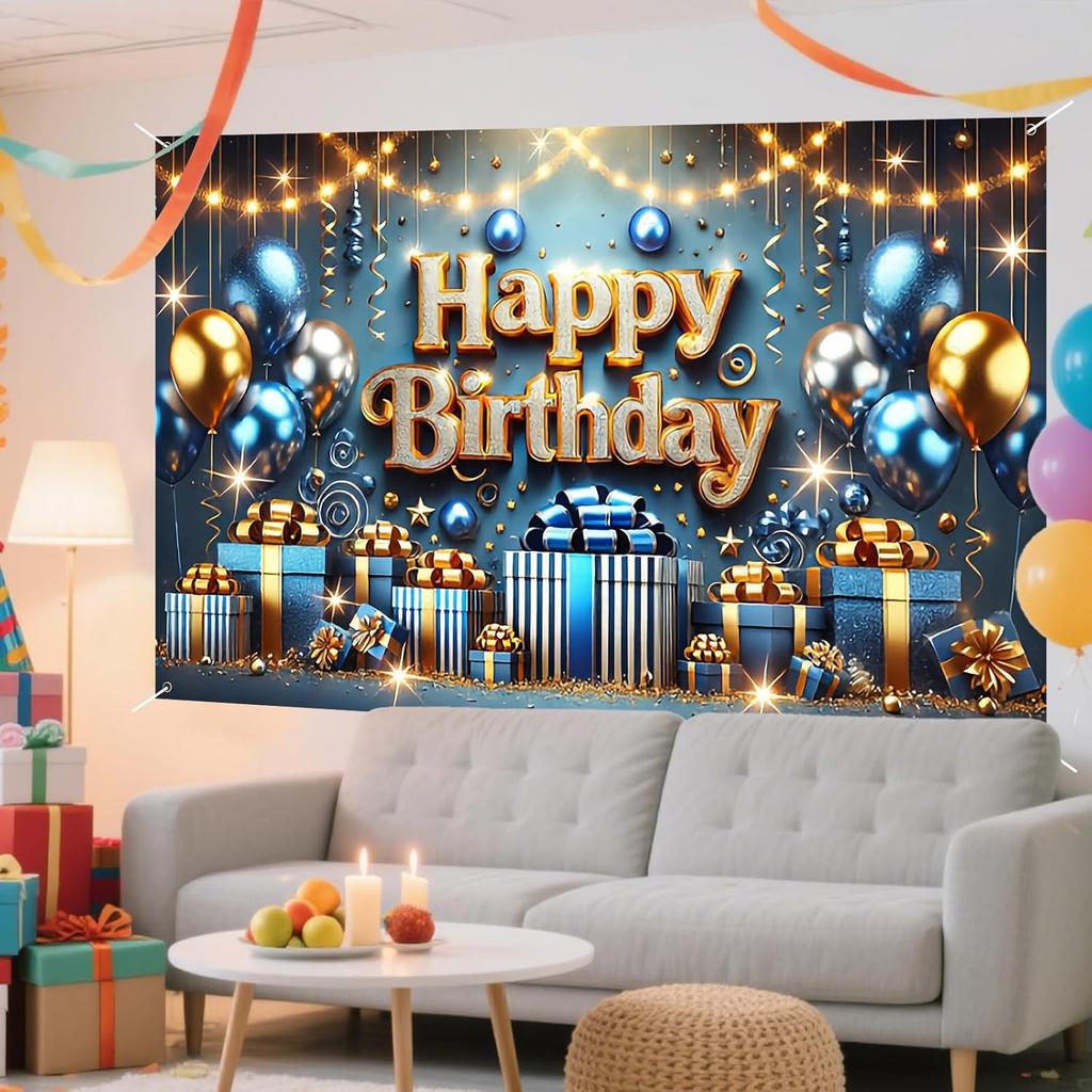 Nuxovilar Happy Birthday Banner Blue Gold Balloons String Lights Polyester Backdrop 43x70.86 Inches - Large Party Birthday Decorations for Photo