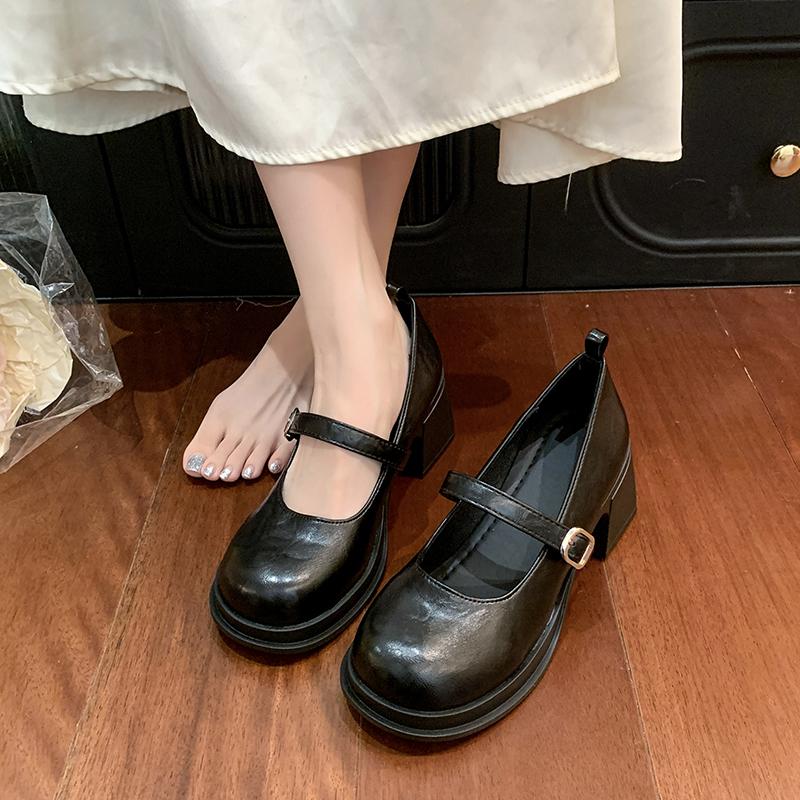 Модные туфли Мэри Джейн на блочном каблуке, новинка осени, с круглым носком, мелким вырезом, ремешком, на платформе, нескользящие, износостойкие, на высоком каблуке