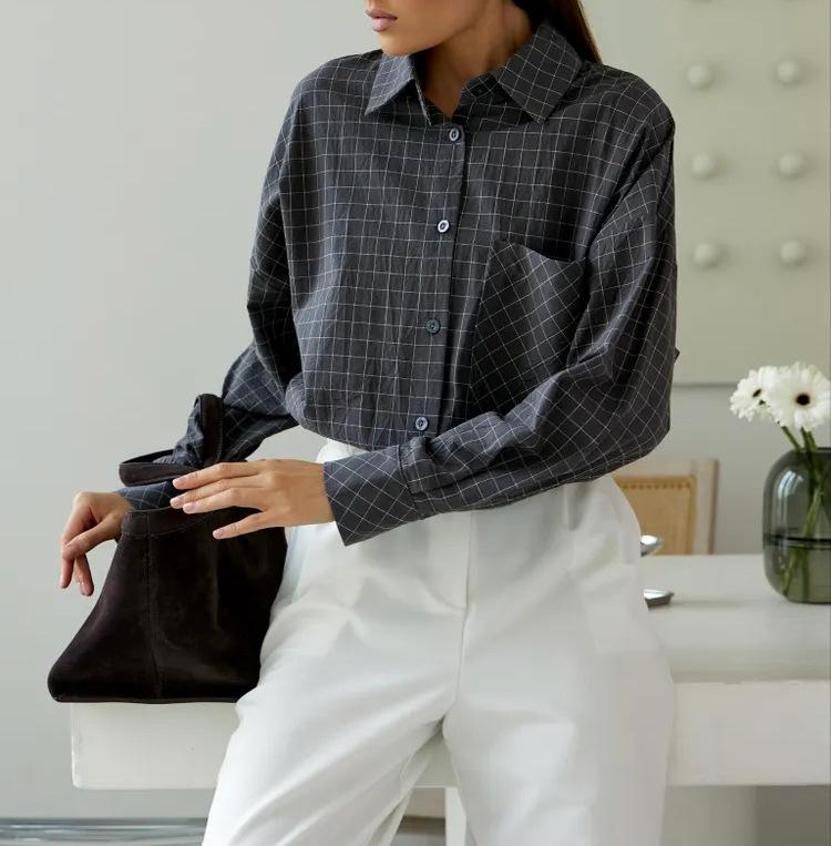 2026 Новая женская клетчатая рубашка с длинным рукавом свободного кроя большого размера - Повседневный и деловой стиль