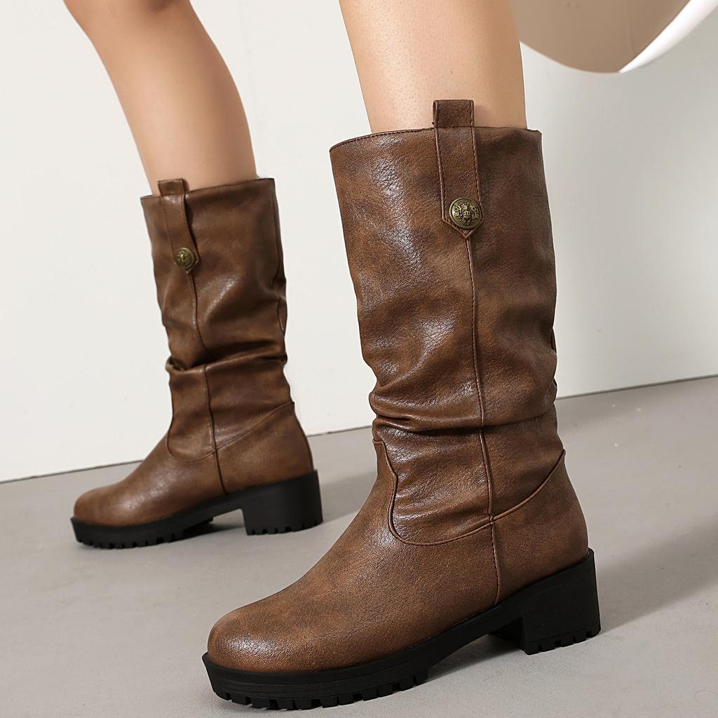 Women's Low-heeled Boots Autumn and Winter New European and American Thick-heeled Large-size Roman Medium Boots