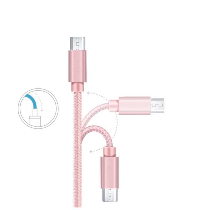 Micro USB Cable - Phonillico® - Braided Nylon - Pink - Compatible Samsung Galaxy