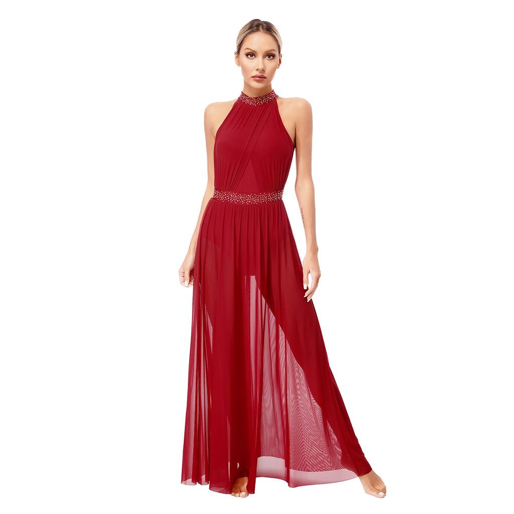 Women's Sleeveless Mesh Side Split Lyrical Dance Costume Modern Dancewear Maxi Long Dress