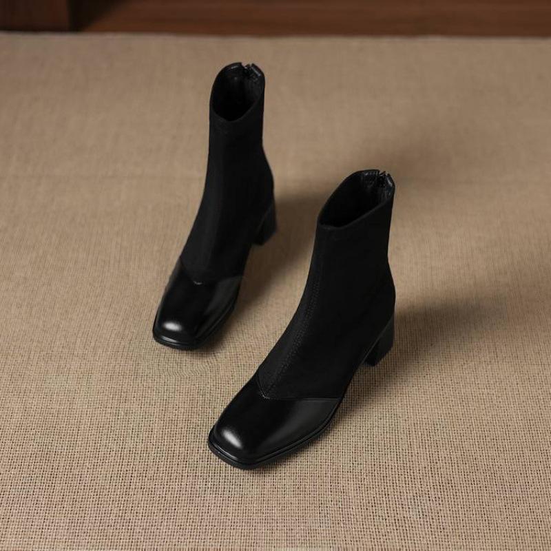Осень и зима удобные квадратный носок полусапоги женские новые большой размер эластичная замша женские сапоги корейская версия новые средний каблук Ма