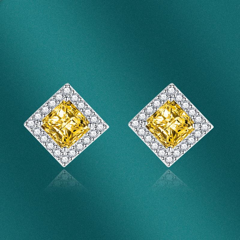 BELLA BOX S925 Серебряные серьги-гвоздики с иглами, женские корейские версии, микроинкрустированные цирконом, квадратные бриллианты, модные красочные желтые бриллианты