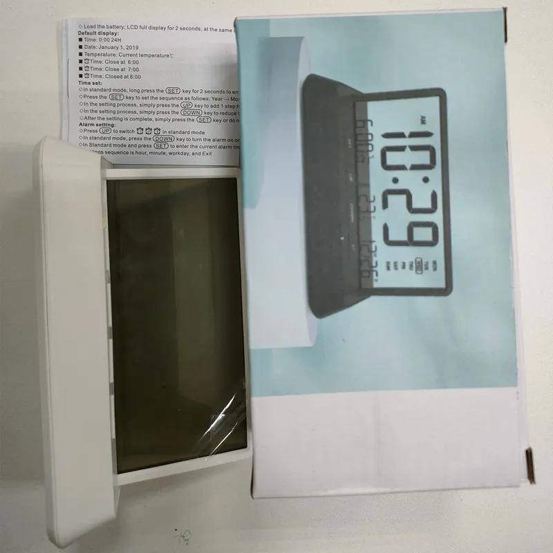 LCD Digital Alarm Clock Transparent Date Week Temperature Display Three Alarms 12/24H Snooze Table Clock Batteries Powered