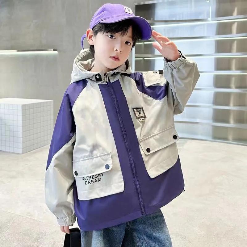 Куртки для мальчиков, весенние и осенние детские куртки, корейская мода, красивые ветровки с капюшоном для больших детей