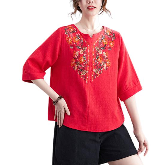 Women Summer Casual Shirt V-Neck Half Sleeve Pullover Tops Embroidery Floral Pattern Loose Fit Comfortable Breathable Blouse