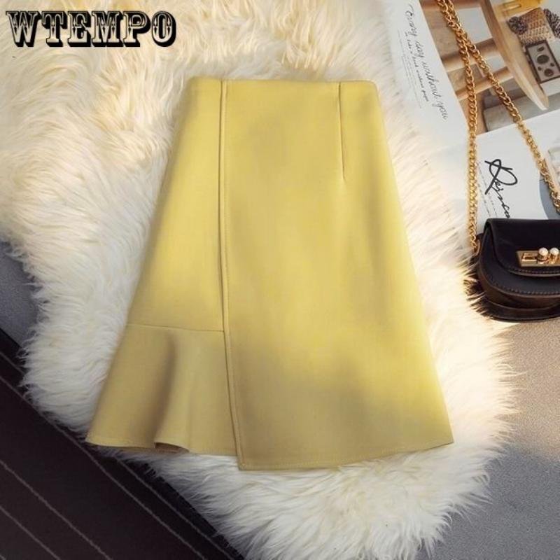 Летняя темпераментная тонкая полуюбка неправильной формы «рыбий хвост» женская элегантная однотонная юбка на бедрах с высокой талией и рюшами по краям