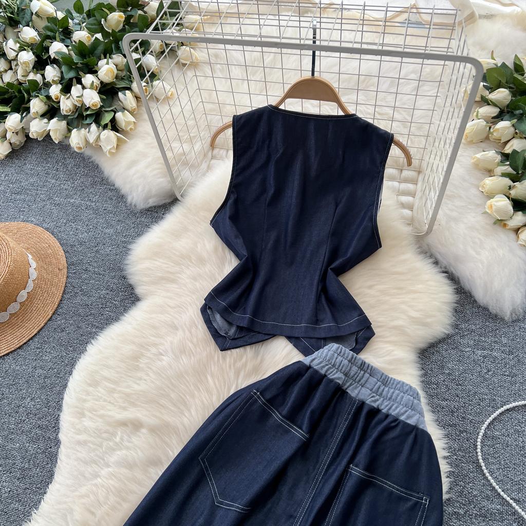 Дизайнерское летнее платье для женщин высокого класса V-образный вырез без рукавов однобортный топ женский костюм-двойка повседневные брюки клеш