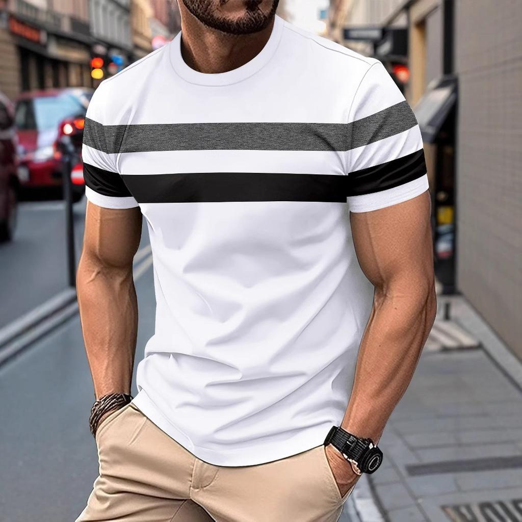 Summer Round Neck Short Sleeved Patchwork Contrasting Base Shirt Pullover Thin Casual Men's T-shirts