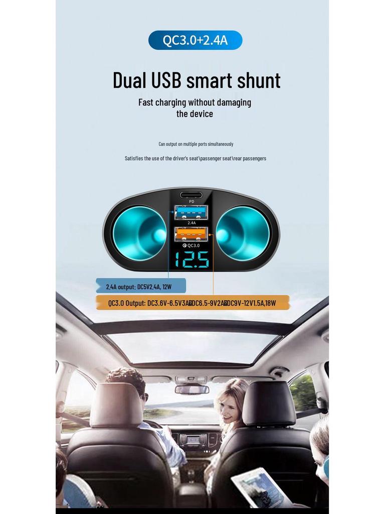 Dual USB-C Car Charger with Digital Display & QC3.0 Fast Charge
