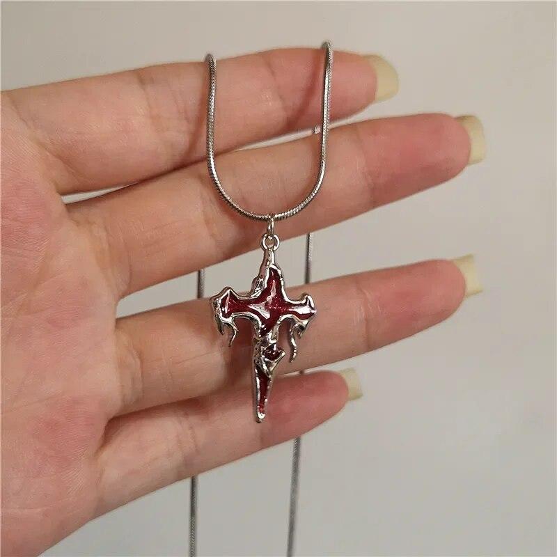 Винтажное ожерелье Y2k с красным сердцем любви и крестом, цепочка в виде змеи для женщин и мужчин, эстетическое готическое ювелирное изделие на Хэллоуин, аксессуары для рейва