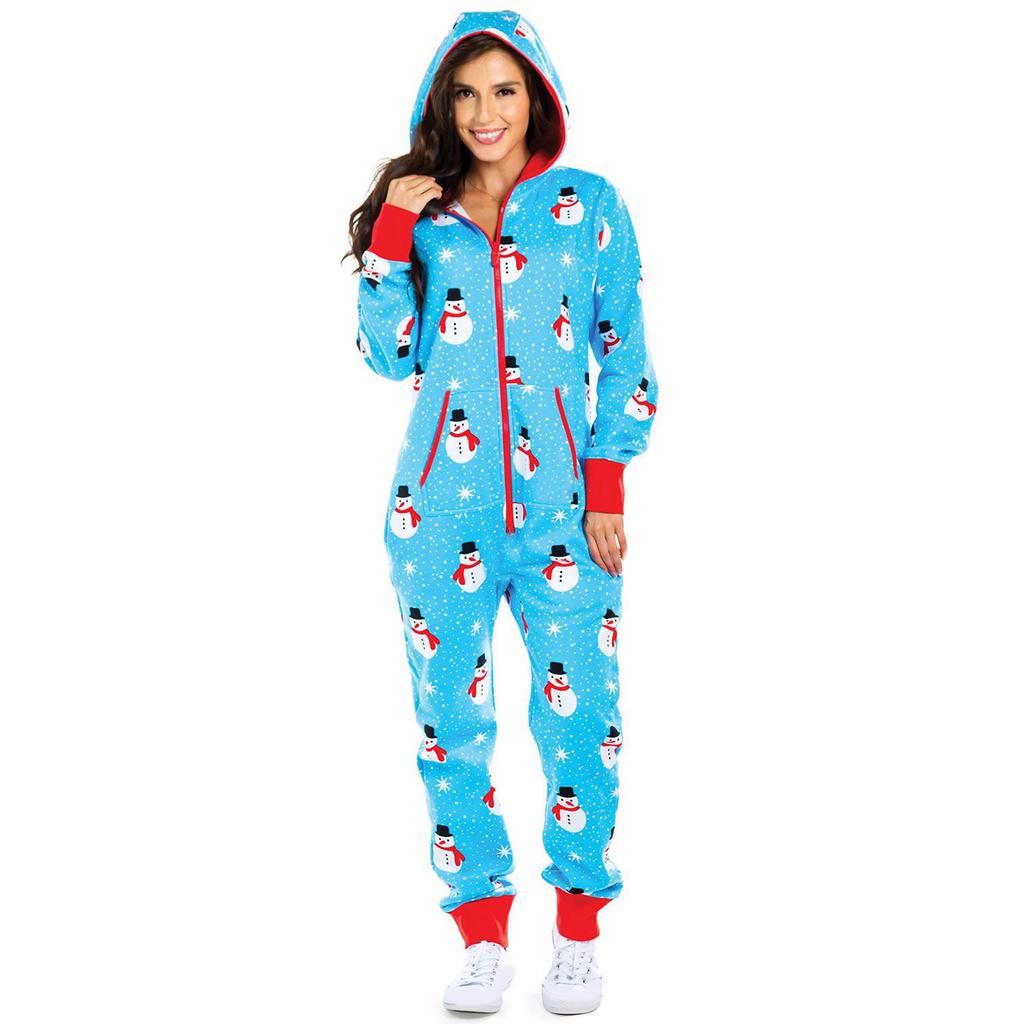 Women Christmas Pajamas One-Piece Pajamas Printed Hooded Homewear One-piece Pants