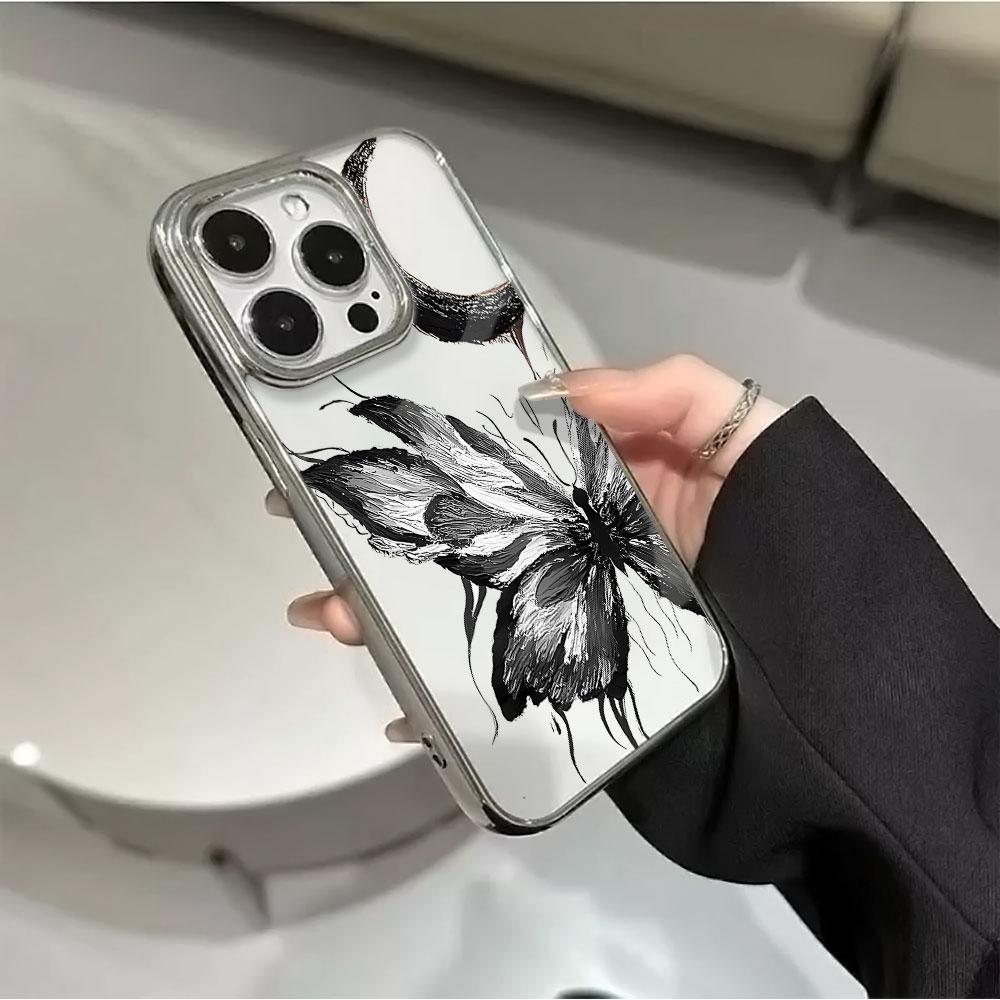 INS Ink Butterfly Pattern Electroplated Phone Case For iPhone 17 16 15 14 13 12 11 Pro Max Plus XS 17 Air Shockproof Clear Cover