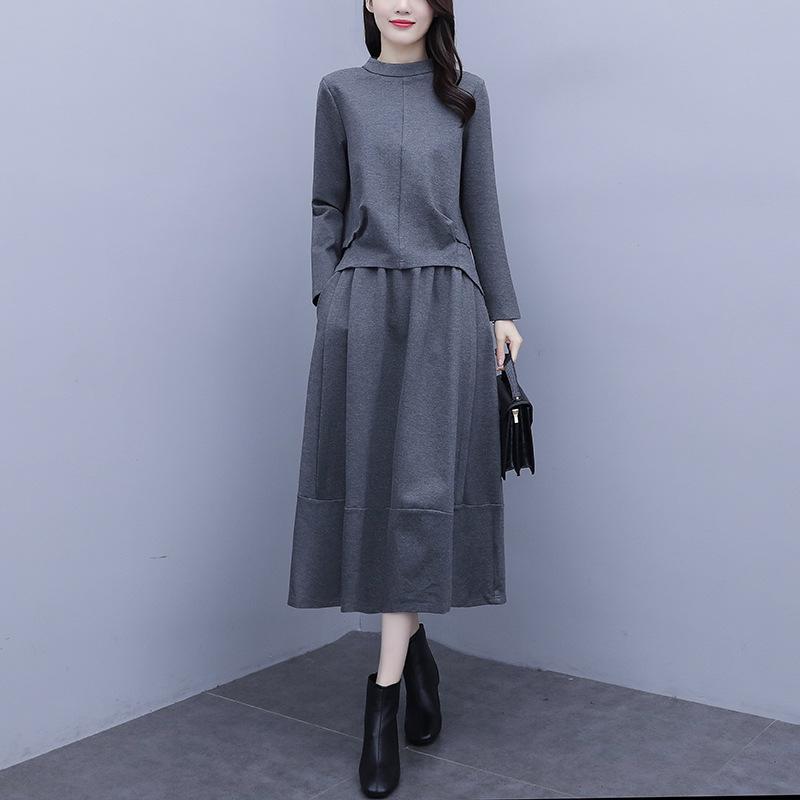 Женское платье-двойка больших размеров с длинными рукавами - коллекция осень/зима 2020, стильная повседневная мода для полных людей с небольшим весом.