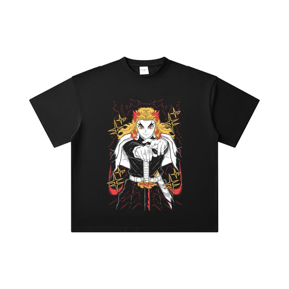 260 GSM Double Yarn 32 Count 100% Cotton Demon Slayer V43 Rengoku Print Unisex Heavy Cotton T Shirt