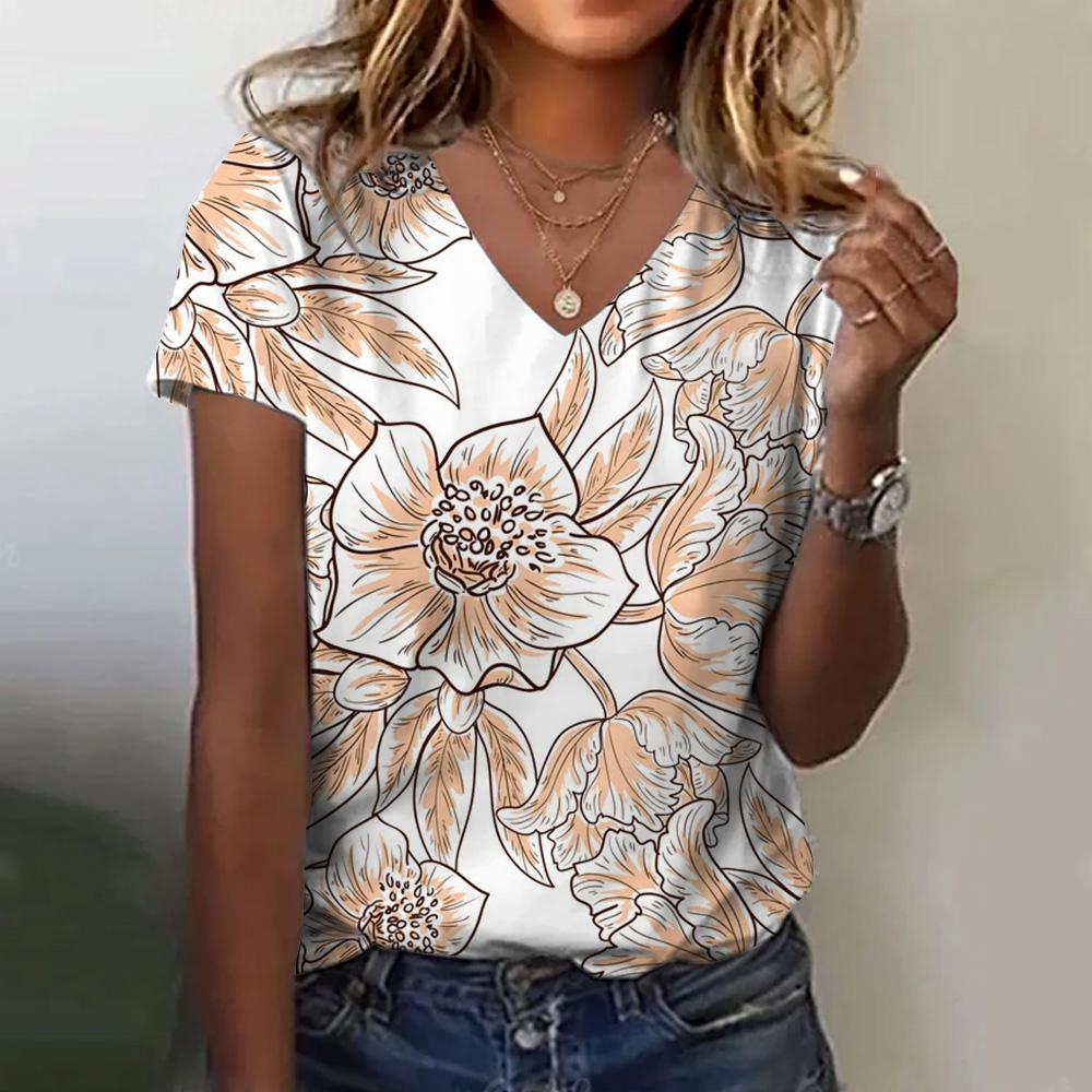 Women's T-shirt Floral Print Summer Loose and Comfortable Short-sleeved Pattern V-neck Casual T-shirt Casual Elegant Clothing