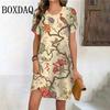 Летнее женское платье с коротким рукавом с 3D-принтом, ретро-рисунок, птица, цветок, О-образный вырез, свободные мини-платья размера плюс 6XL, повседневные платья, новые