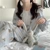 Light Blue Cartoon Bear Spring Pajamas Set Women Peter Pan Collar Lace Patchwork Shirts + Trousers Ruffles Sleepwear Cotton