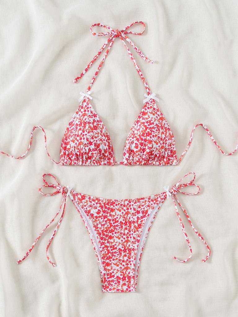 Женский купальник с цветочным бантом, сексуальная треугольная сумка, завязка сбоку, бикини с низкой талией, пляжная одежда, купальные костюмы