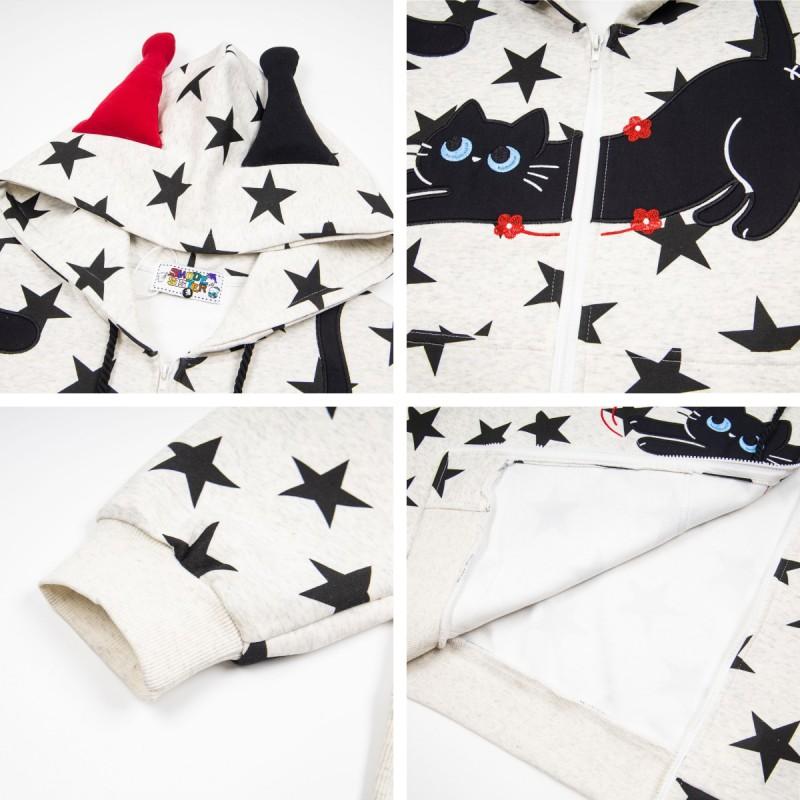American Vintage Star Black Cat Embroidery Cute Ear Zip Up Hoodie Loose Fit Men Women