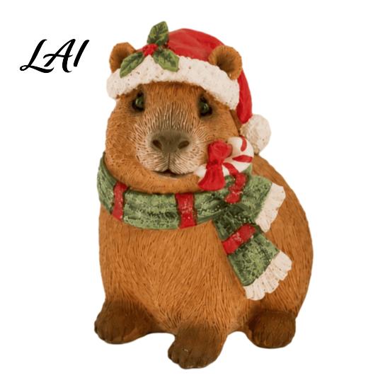 Cute Resin Animal Ornament Christmas Capybara Figurine with Hat And Scarf Tree Accessory Statue Cartoon Sculpture for Home Holiday Party Tabletop