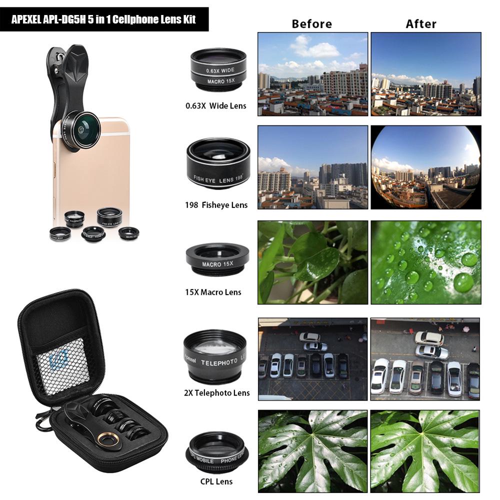 APEXEL APL-DG5H 5 In 1 Cellphone Lens Kit 198 Degrees Fisheye Lens 0.63X Wide Angle Lens 15X Macro