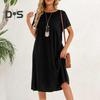 Women Dress Round Neck Short Sleeve Knee-Length Solid Color Dress with Pockets Loose Fit Summer Dress