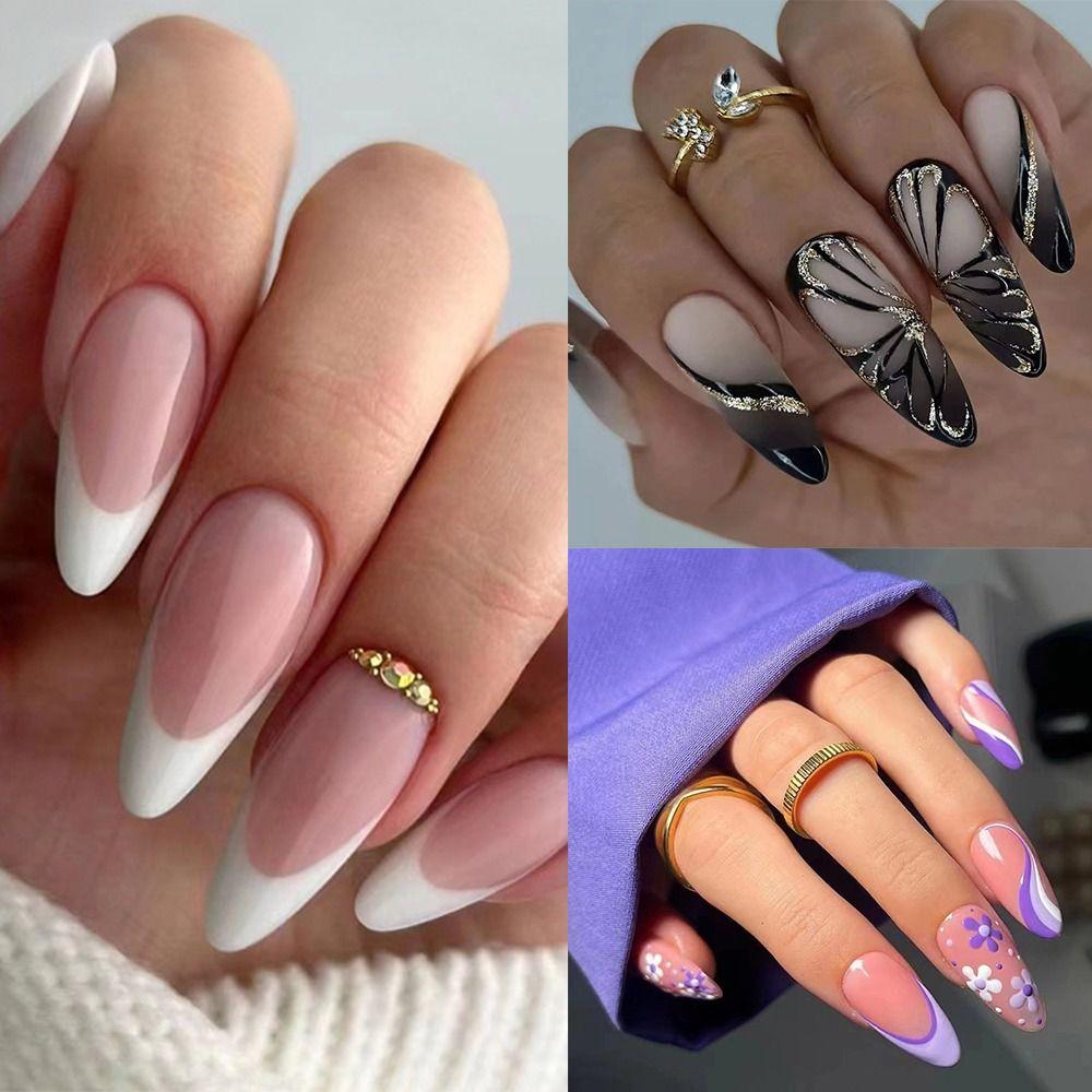 Manicure Fake Nials DIY Press On Nails False Nails French White Edge Blak Butterfly Long Almond