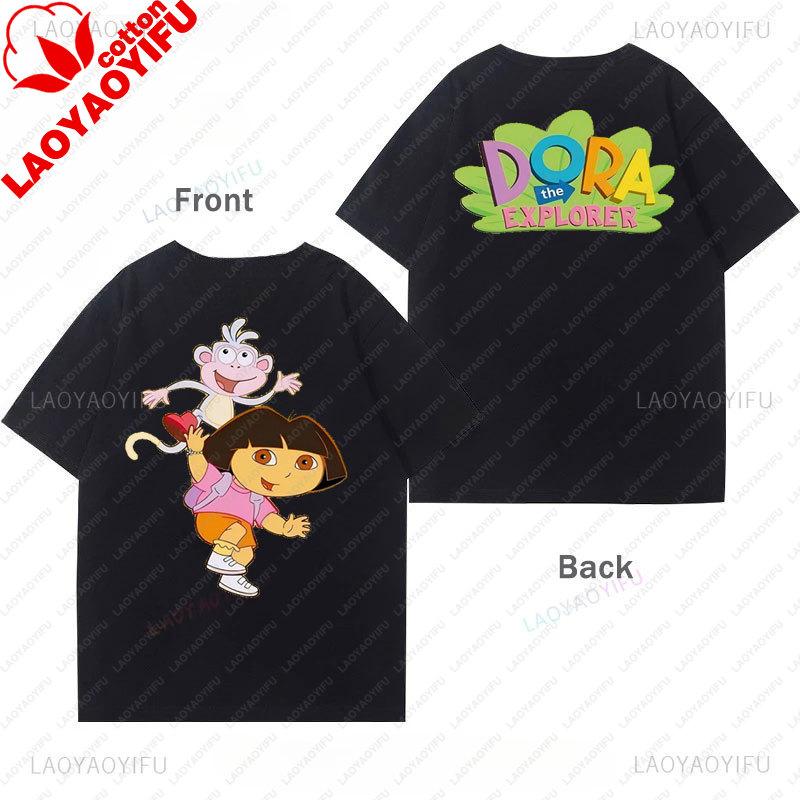 Dora Kids Cothes Cartoon Print ShortSleeved Boys And Girls Cotton TShirt Double Size Printed Tees Y2k Clothes