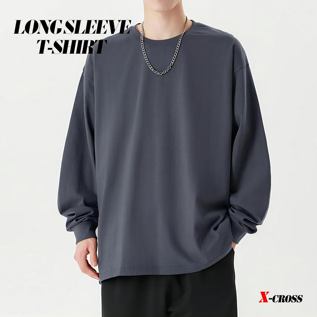 Long Sleeve Cotton Plus Crew Loose Long American Adult Charcoal X-cross Men's T-Shirt, Size, Summer, Simple, Neck, Casual, Stylish, Streetwear, Cool,
