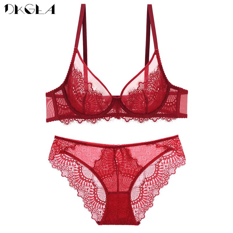 DKGEA Sexy Bra Panties Set Lace Transparent Brassiere