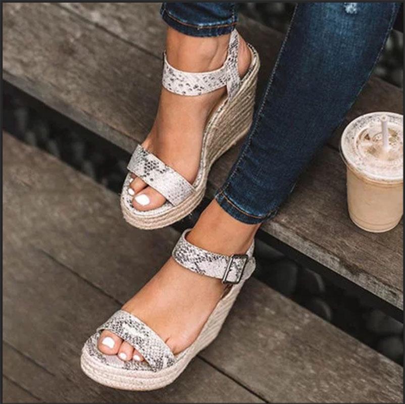 Elegant Summer Hemp Ladies Peep Toe Rope Wedge Sandals With Buckle Ankle Strap