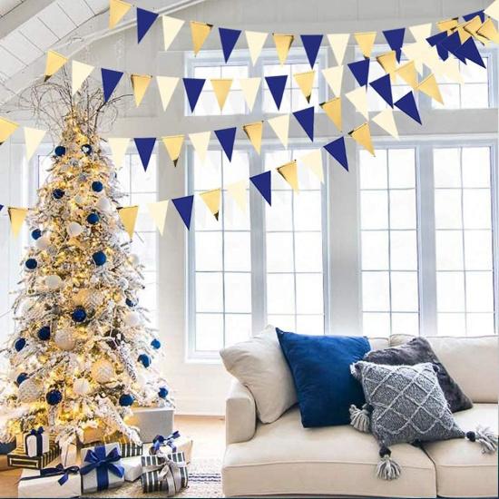 30Ft Navy Blue Gold and Beige Party Decorations Royal Blue Gold Triangle Flag Pennant Banner Bunting for Graduation Birthday Wedding Bridal Shower