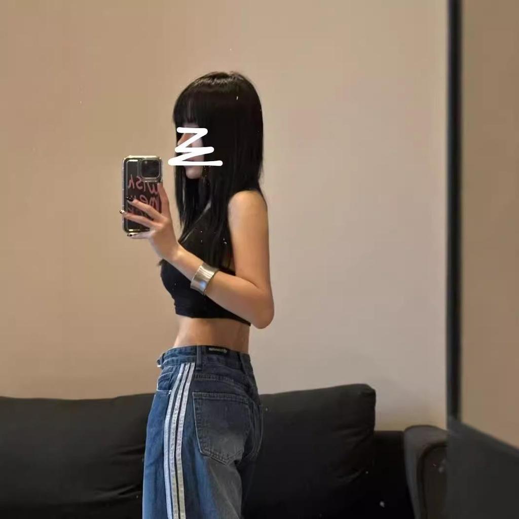 2024 Women's Blue Washed Distressed Retro Jeans with Three-Bar Stripes, Large-Size Straight Trousers for Autumn and Winter.