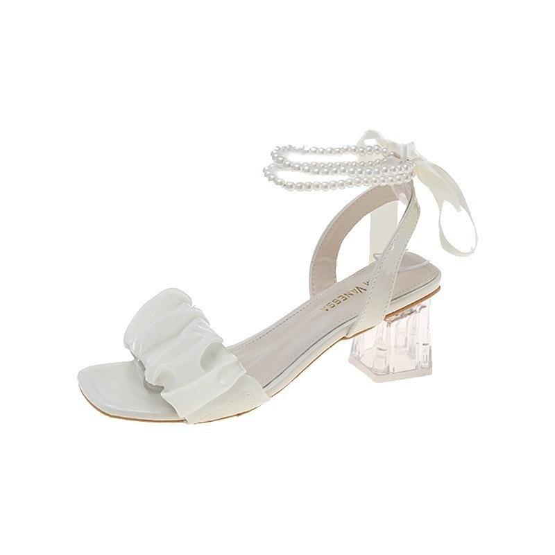 Niche Pearl High-heeled Sandals Women's Summer New Mid-heel Fashion