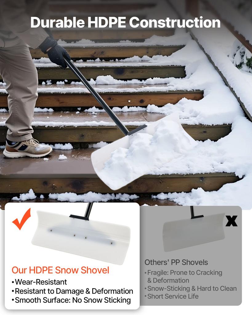 VEVOR Snow Pusher Shovel, 61 cm Wide Outdoor Snowplow Shovel with Ergonomic Grip, HDPE Plastic Blade, Winter Shovels with Segmented Handle